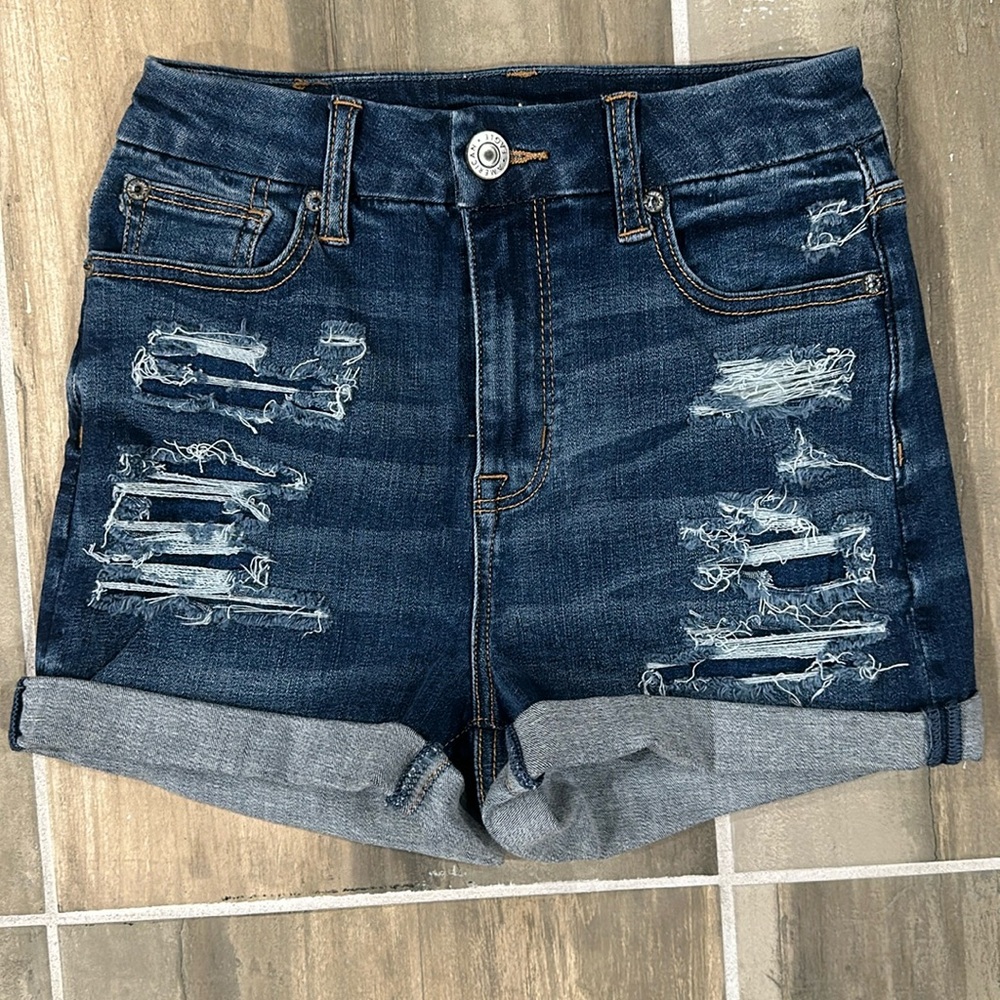 American Eagle Curvy Hi Rise Distressed Denim Shorts - Size 0